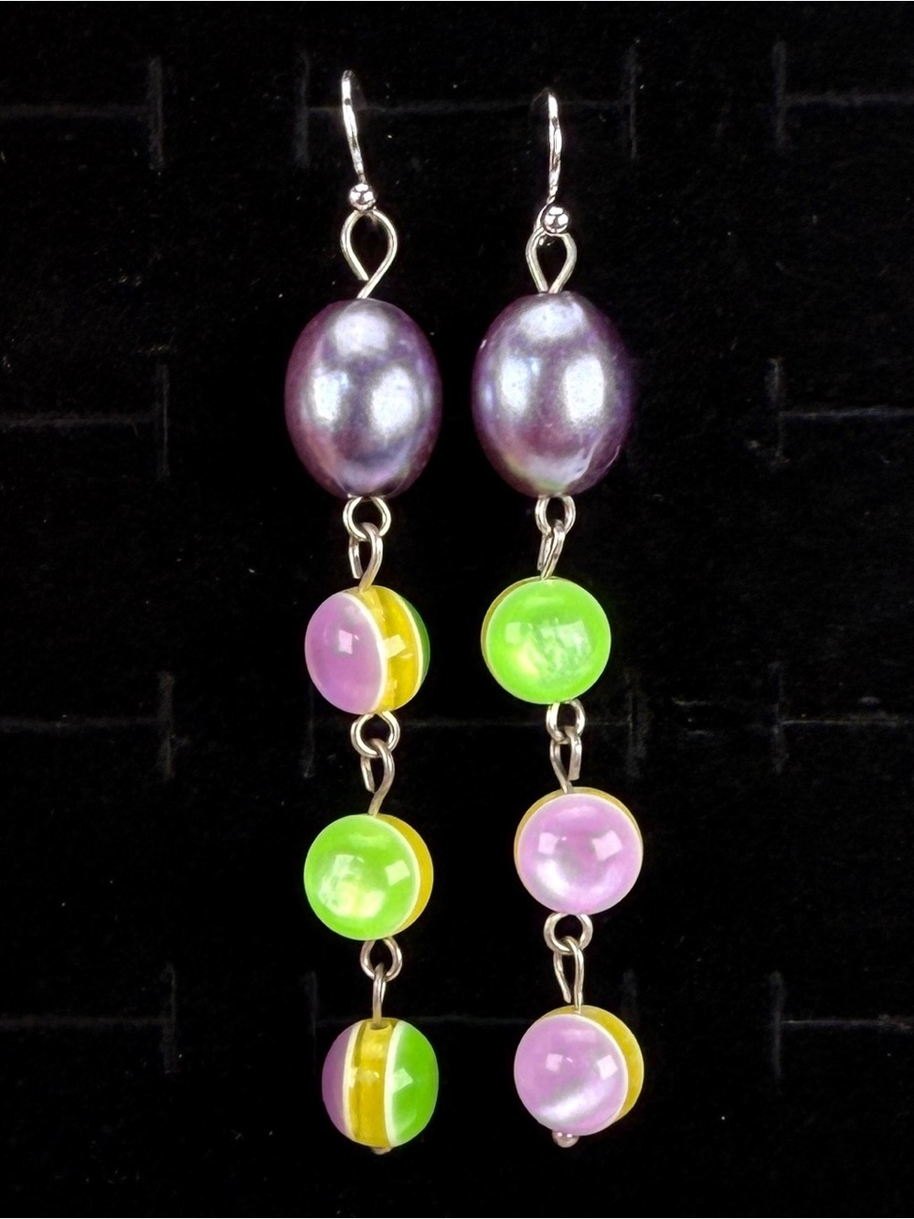 Unique, vibrant, long dangle costume pierced earrings